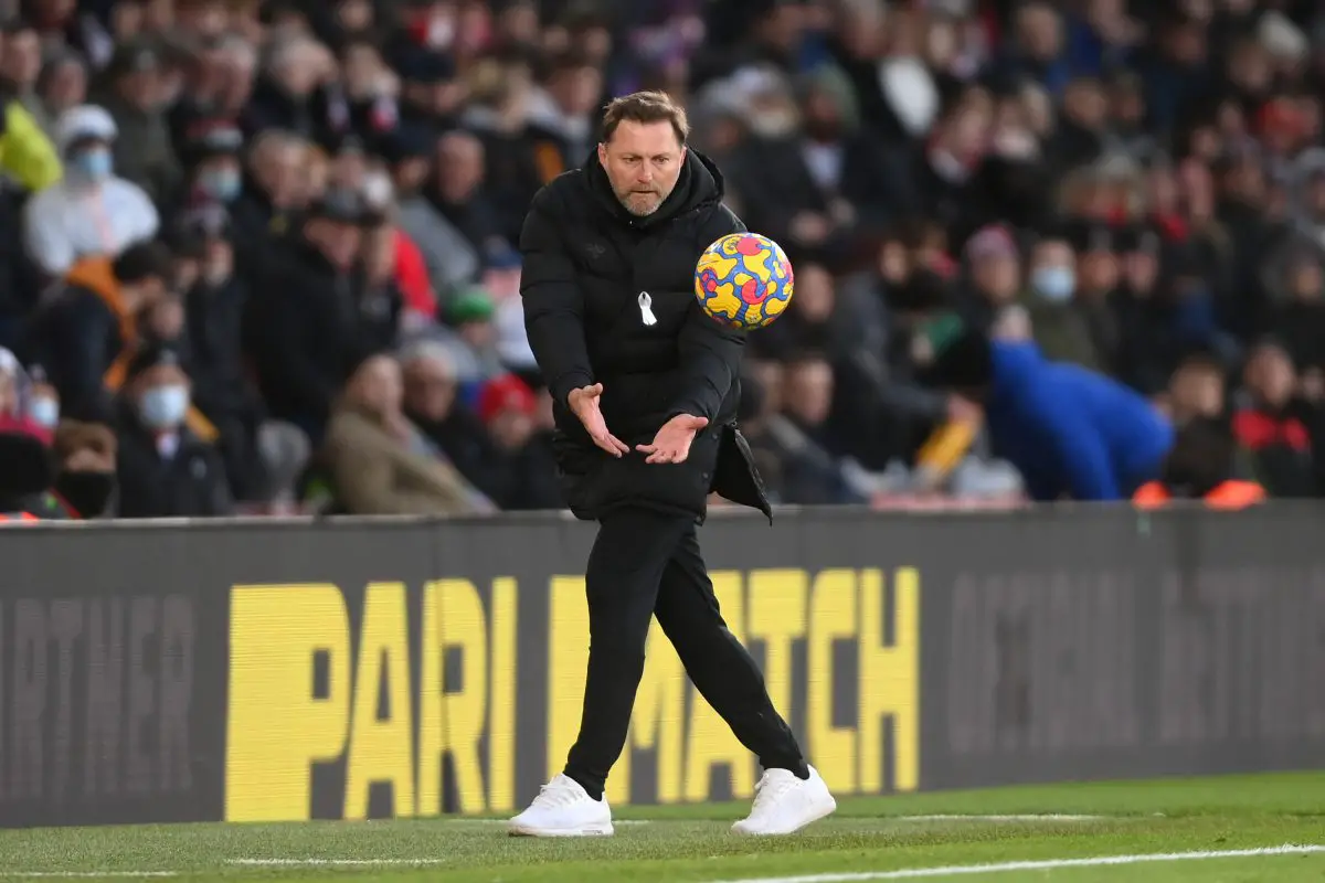 Southampton manager. Ralph Hasenhuttl, fields the ball during the Premier League match against Brighton.