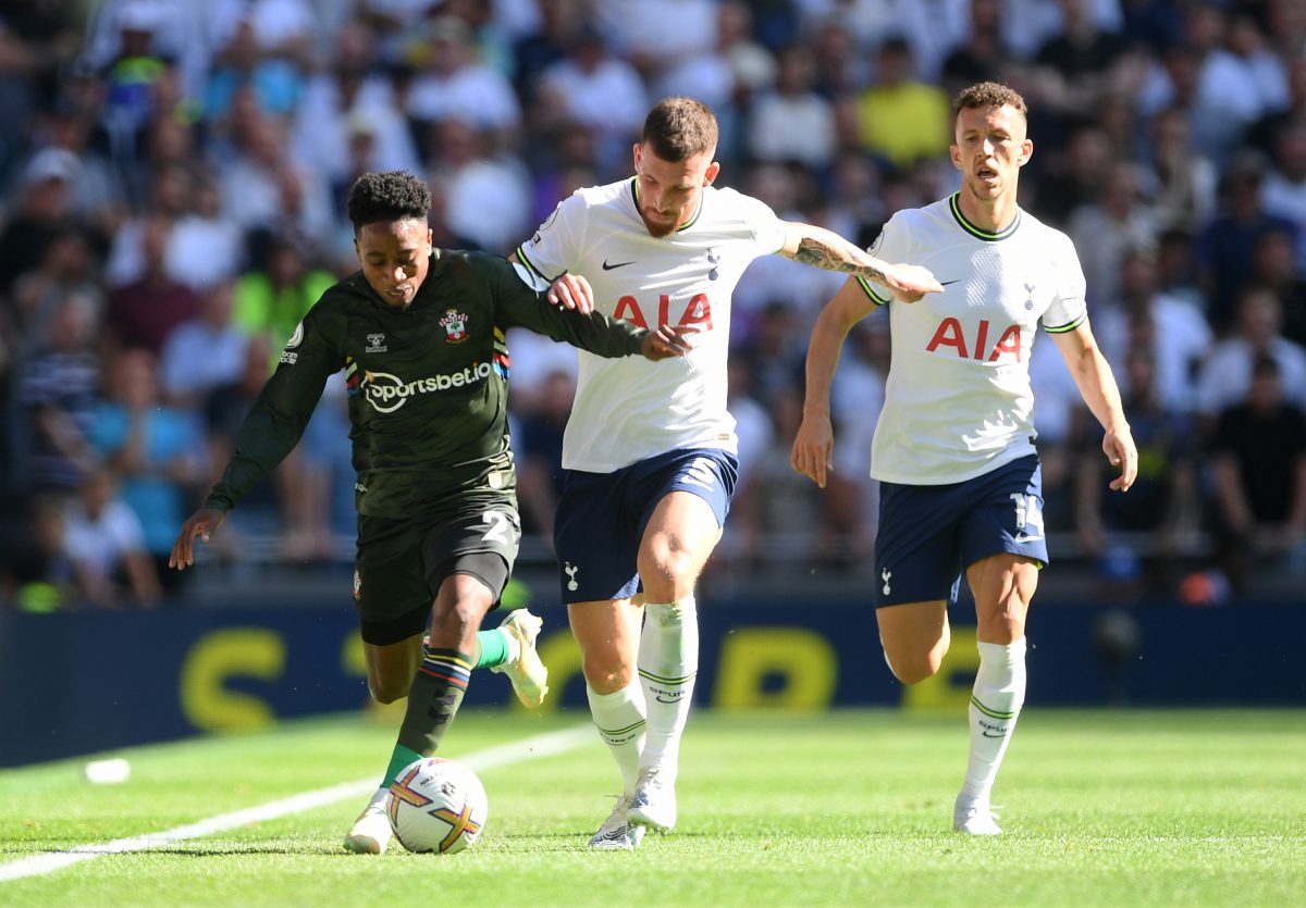 Kyle Walker-Peters of Southampton is challenged by Pierre-Emile Hojbjerg of Tottenham Hotspur.