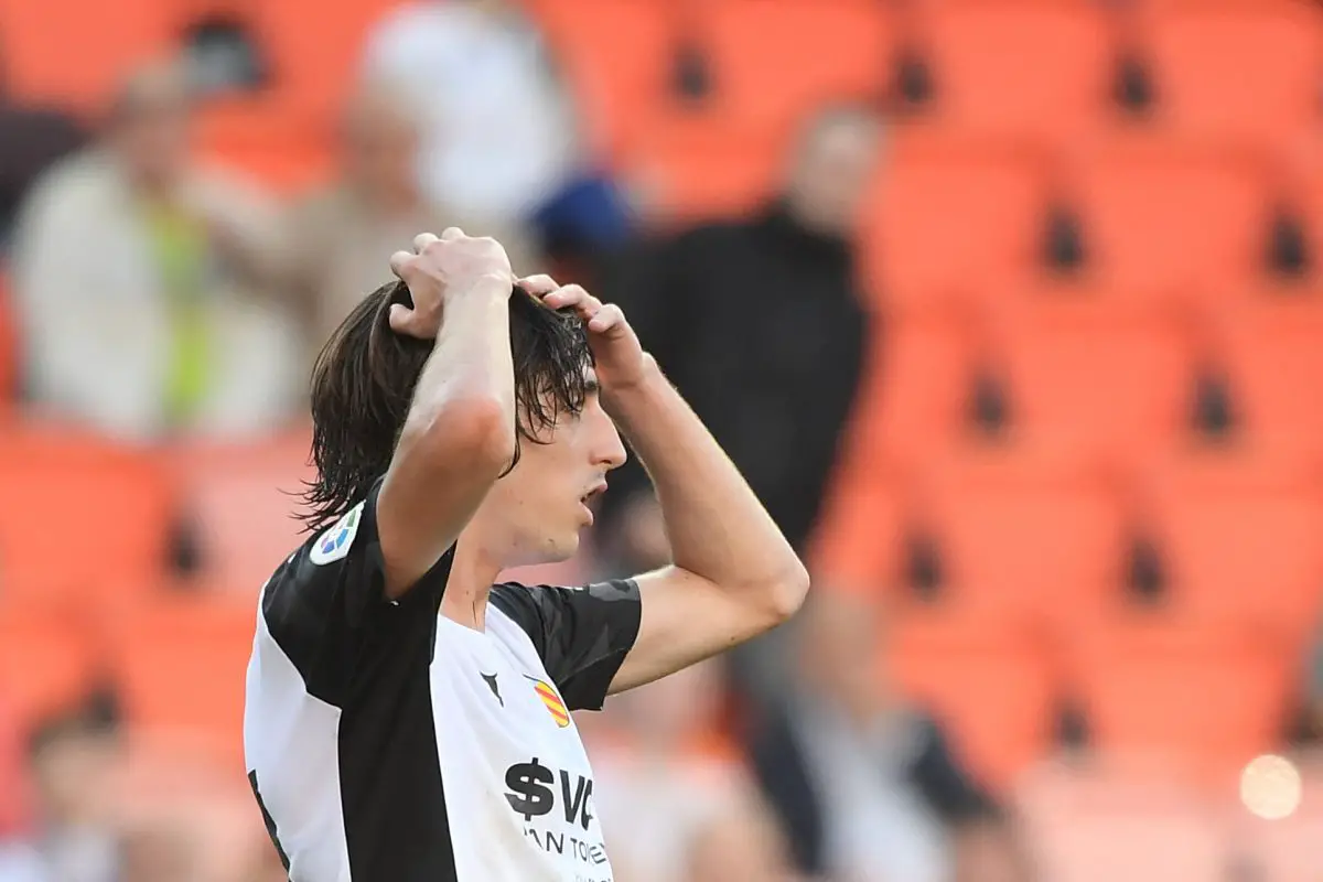 Valencia's Spanish forward Bryan Gil reacts during the Spanish league football match against Real Betis.