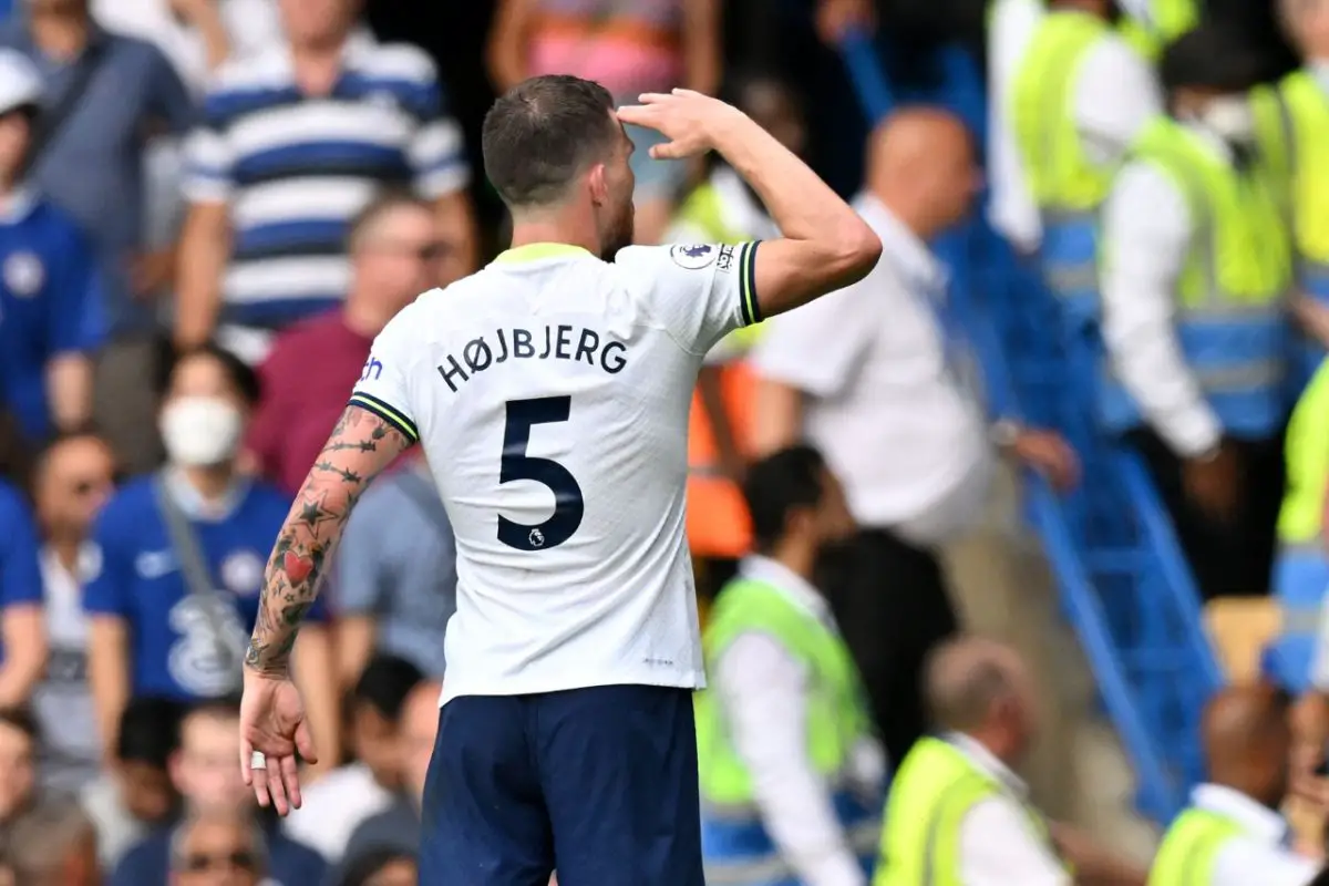 Pierre-Emile Hojbjerg salutes the Tottenham fans after scoring against Chelsea.