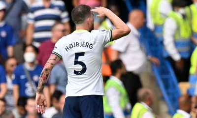 Pierre-Emile Hojbjerg salutes the Tottenham fans after scoring against Chelsea.