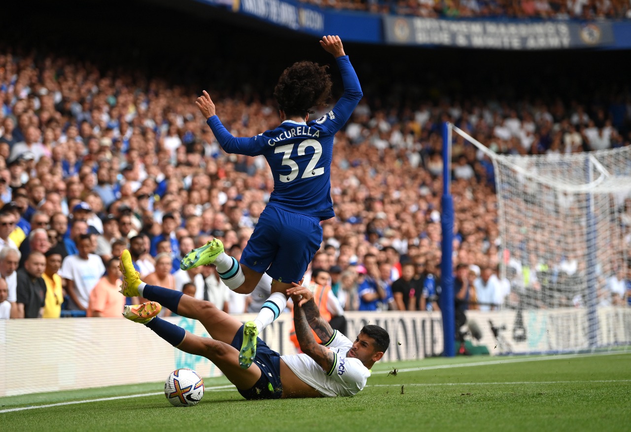 Marc Cucurella of Chelsea is challenged by Cristian Romero of Tottenham Hotspur.