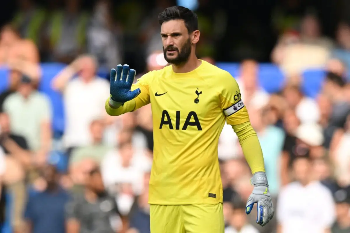 Tottenham Hotspur's French goalkeeper Hugo Lloris gestures during the English Premier League football match between Chelsea and Tottenham Hotspur at Stamford Bridge in London on August 14, 2022. - RESTRICTED TO EDITORIAL USE. No use with unauthorized audio, video, data, fixture lists, club/league logos or 'live' services. Online in-match use limited to 120 images. An additional 40 images may be used in extra time. No video emulation. Social media in-match use limited to 120 images. An additional 40 images may be used in extra time. No use in betting publications, games or single club/league/player publications. (Photo by Glyn KIRK / AFP) / RESTRICTED TO EDITORIAL USE. No use with unauthorized audio, video, data, fixture lists, club/league logos or 'live' services. Online in-match use limited to 120 images. An additional 40 images may be used in extra time. No video emulation. Social media in-match use limited to 120 images. An additional 40 images may be used in extra time. No use in betting publications, games or single club/league/player publications. / RESTRICTED TO EDITORIAL USE. No use with unauthorized audio, video, data, fixture lists, club/league logos or 'live' services. Online in-match use limited to 120 images. An additional 40 images may be used in extra time. No video emulation. Social media in-match use limited to 120 images. An additional 40 images may be used in extra time. No use in betting publications, games or single club/league/player publications. (Photo by GLYN KIRK/AFP via Getty Images)