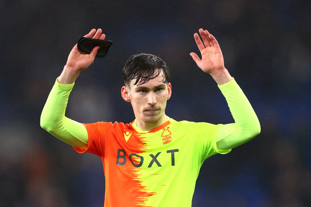 CARDIFF, WALES - JANUARY 30: James Garner of Nottingham Forest acknowledges the fans after the Sky Bet Championship match between Cardiff City and Nottingham Forest at Cardiff City Stadium on January 30, 2022 in Cardiff, Wales. (Photo by Dan Istitene/Getty Images)