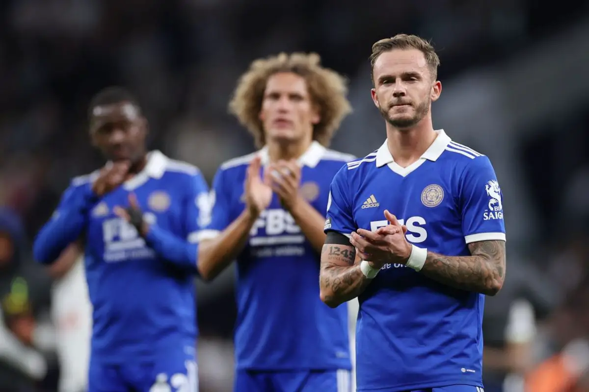 James Maddison embraces Leicester City fans after defeat against Tottenham Hotspur by a 6-2 scoreline in September 2022. (Photo by Ryan Pierse/Getty Images)