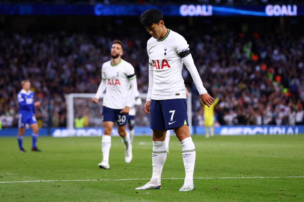 Son Heung-min 'celebrates' scoring a goal for Tottenham Hotspur against Leicester City.
