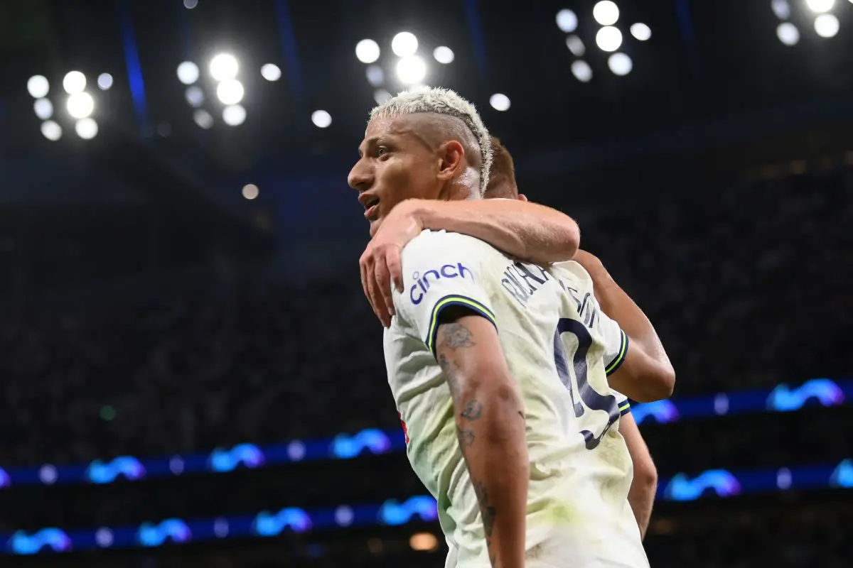 Richarlison of Tottenham Hotspur celebrates with teammate Dejan Kulusevski. (Photo by Mike Hewitt/Getty Images)