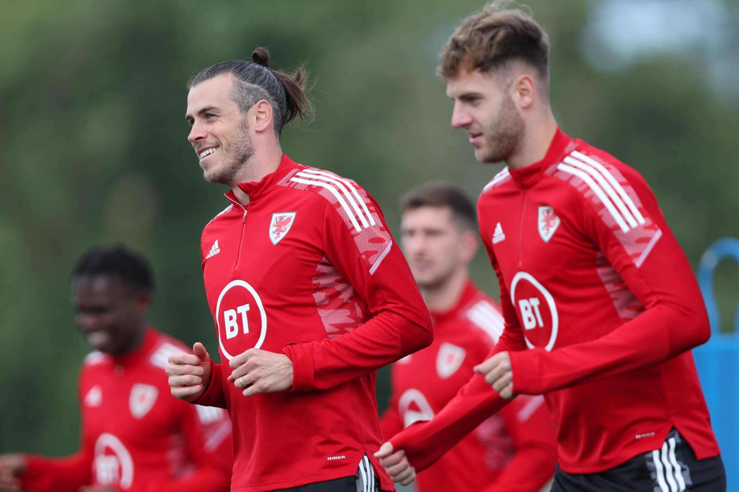 Gareth Bale and Joe Rodon in training for Wales in 2022.