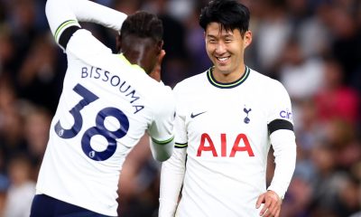 Son Heung-Min of Tottenham Hotspur is congratulated by Yves Bissouma after the South Korean scored a goal against Leicester City.