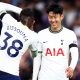Son Heung-Min of Tottenham Hotspur is congratulated by Yves Bissouma after the South Korean scored a goal against Leicester City.