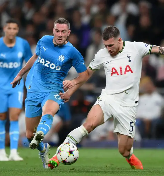 Jordan Veretout of Marseille battles for possession with Pierre-Emile Hojbjerg of Tottenham Hotspur. (Photo by Shaun Botterill/Getty Images)