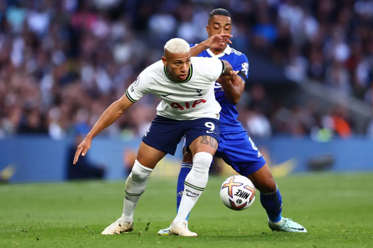 Richarlison Andrade of Tottenham Hotspur battles for possession with Leicester City midfielder, Youri Tielemans. 