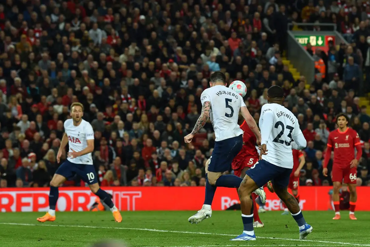 Pierre-Emile Hojbjerg fails to find Tottenham Hotspur's Harry Kane with a header against Liverpool. 