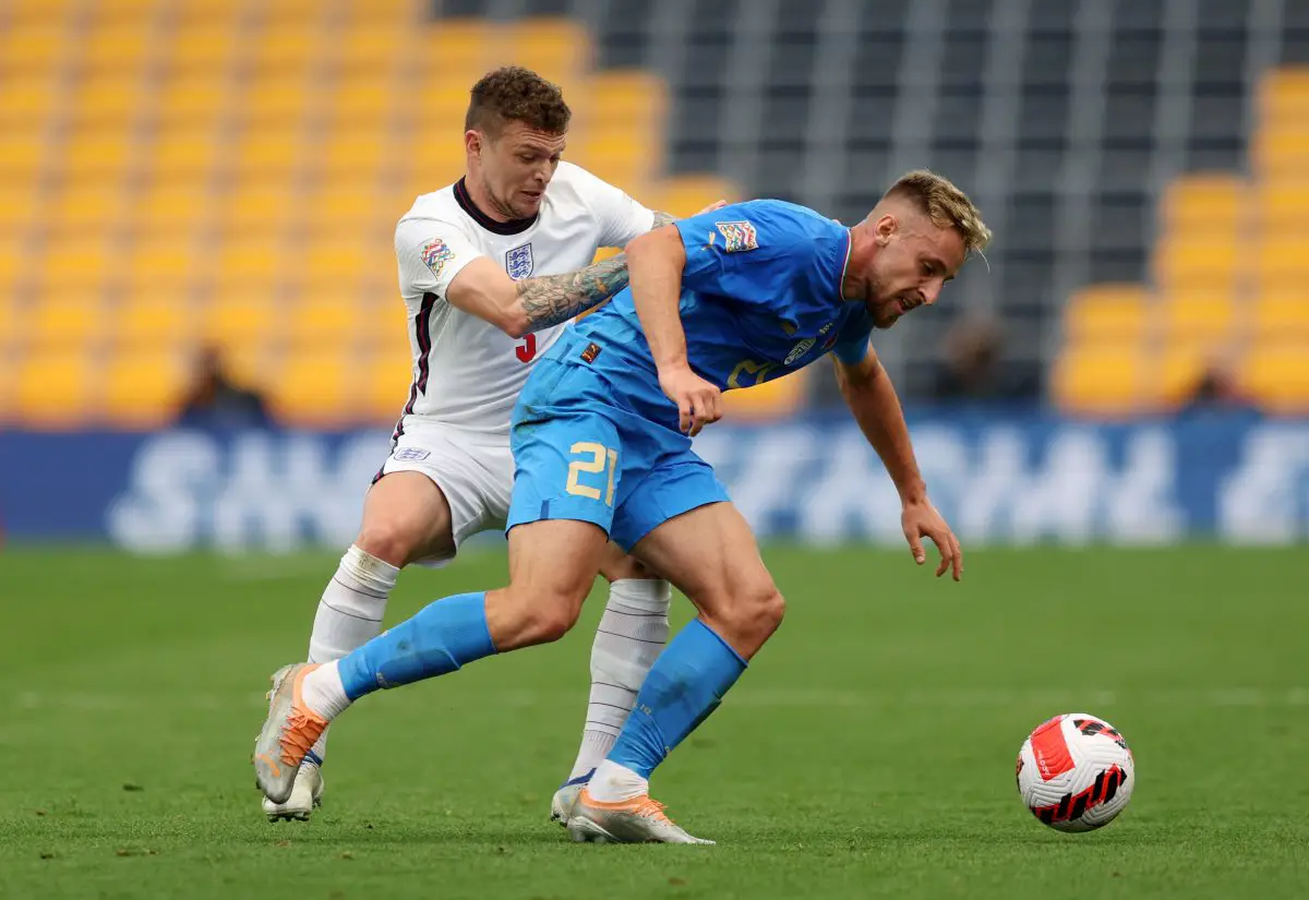  Kieran Trippier of England challenges Davide Frattesi of Italy during a UEFA Nations League match. 