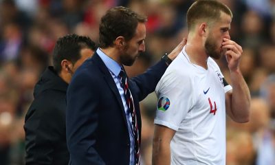 An injured Eric Dier of England is consoled by Gareth Southgate against Czech Republic.