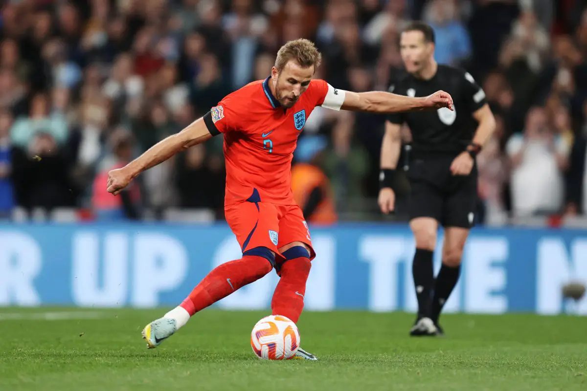 Harry Kane of England scores a penalty in the 3-3 draw against Germany in the UEFA Nations League.