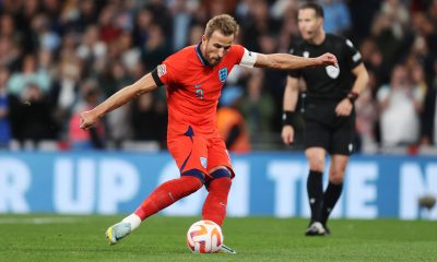Harry Kane of England scores a penalty in the 3-3 draw against Germany in the UEFA Nations League.