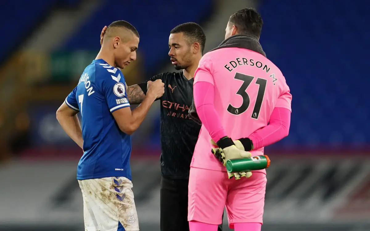 Brazilian trio: Richarlison of Everton interacts with Gabriel Jesus and Ederson of Manchester City.