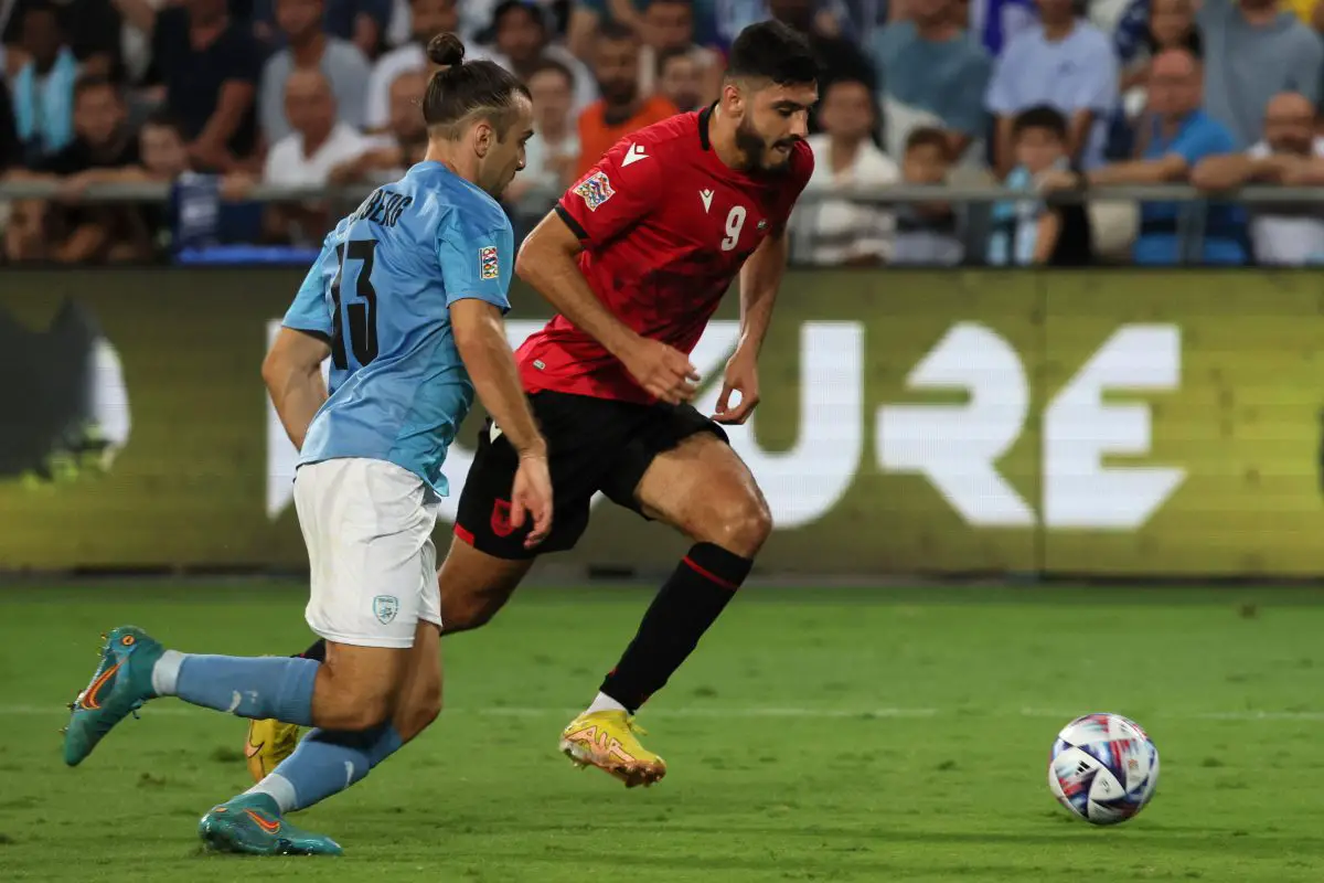 Israel's Sean Goldberg vies for the ball with Albania's Armando Broja during a UEFA Nations League game in September 2022. 