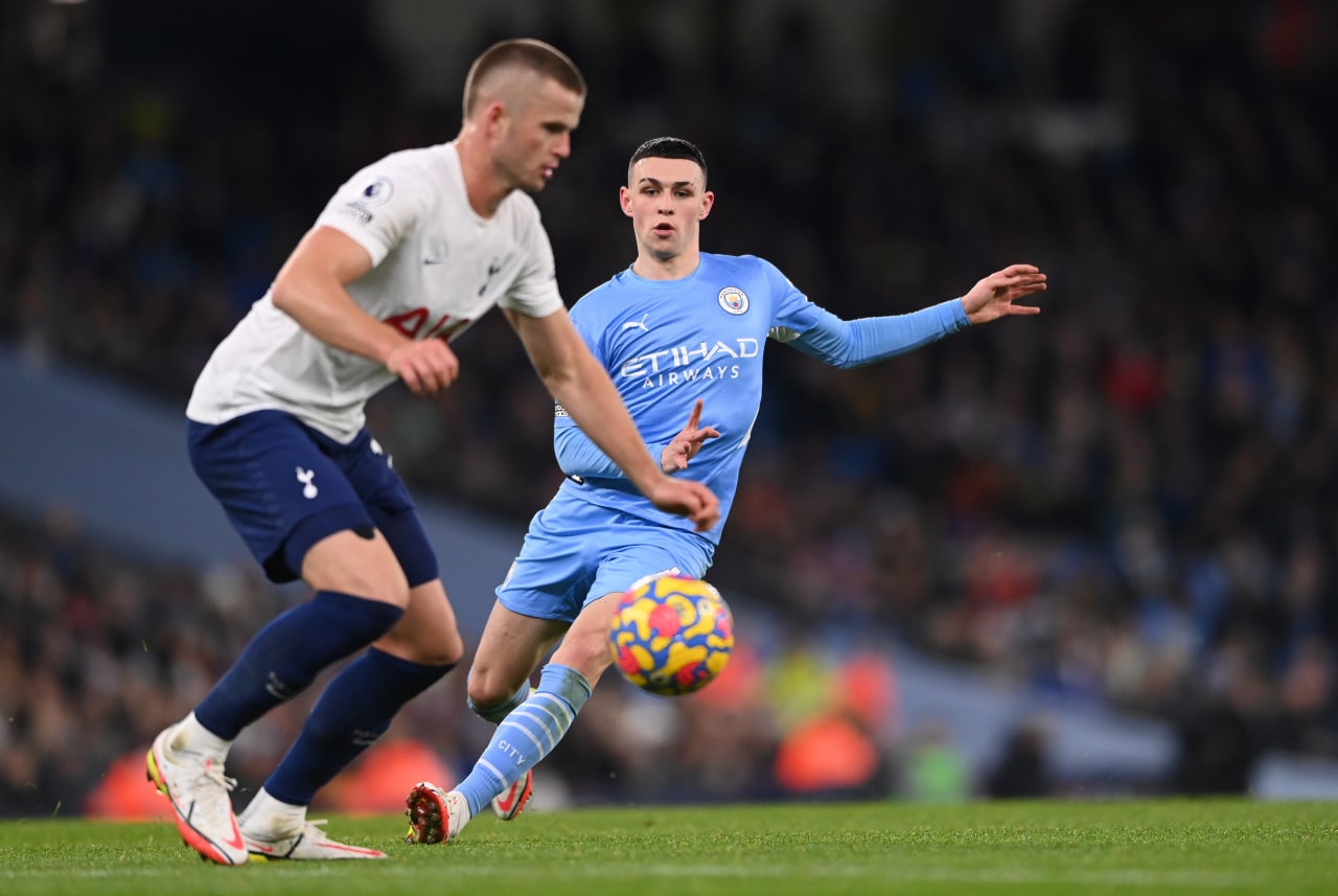 Eric Dier and Phil Foden in action. (Photo by Stu Forster/Getty Images)