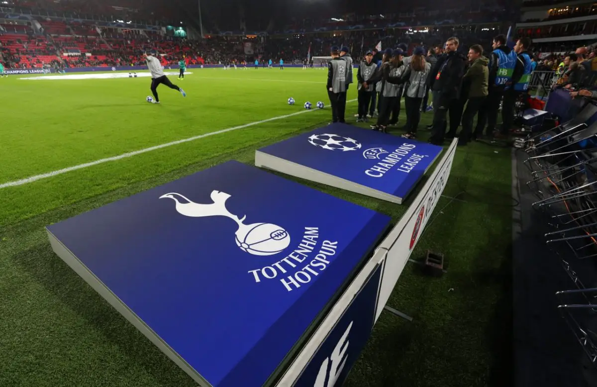 EINDHOVEN, NETHERLANDS - OCTOBER 24: General view of the Tottenham Hotspur club badge and Champions league logo before the Group B match of the UEFA Champions League between PSV and Tottenham Hotspur at Philips Stadion on October 24, 2018 in Eindhoven, Netherlands. (Photo by Catherine Ivill/Getty Images)