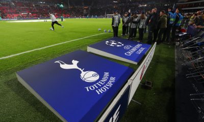 EINDHOVEN, NETHERLANDS - OCTOBER 24: General view of the Tottenham Hotspur club badge and Champions league logo before the Group B match of the UEFA Champions League between PSV and Tottenham Hotspur at Philips Stadion on October 24, 2018 in Eindhoven, Netherlands. (Photo by Catherine Ivill/Getty Images)