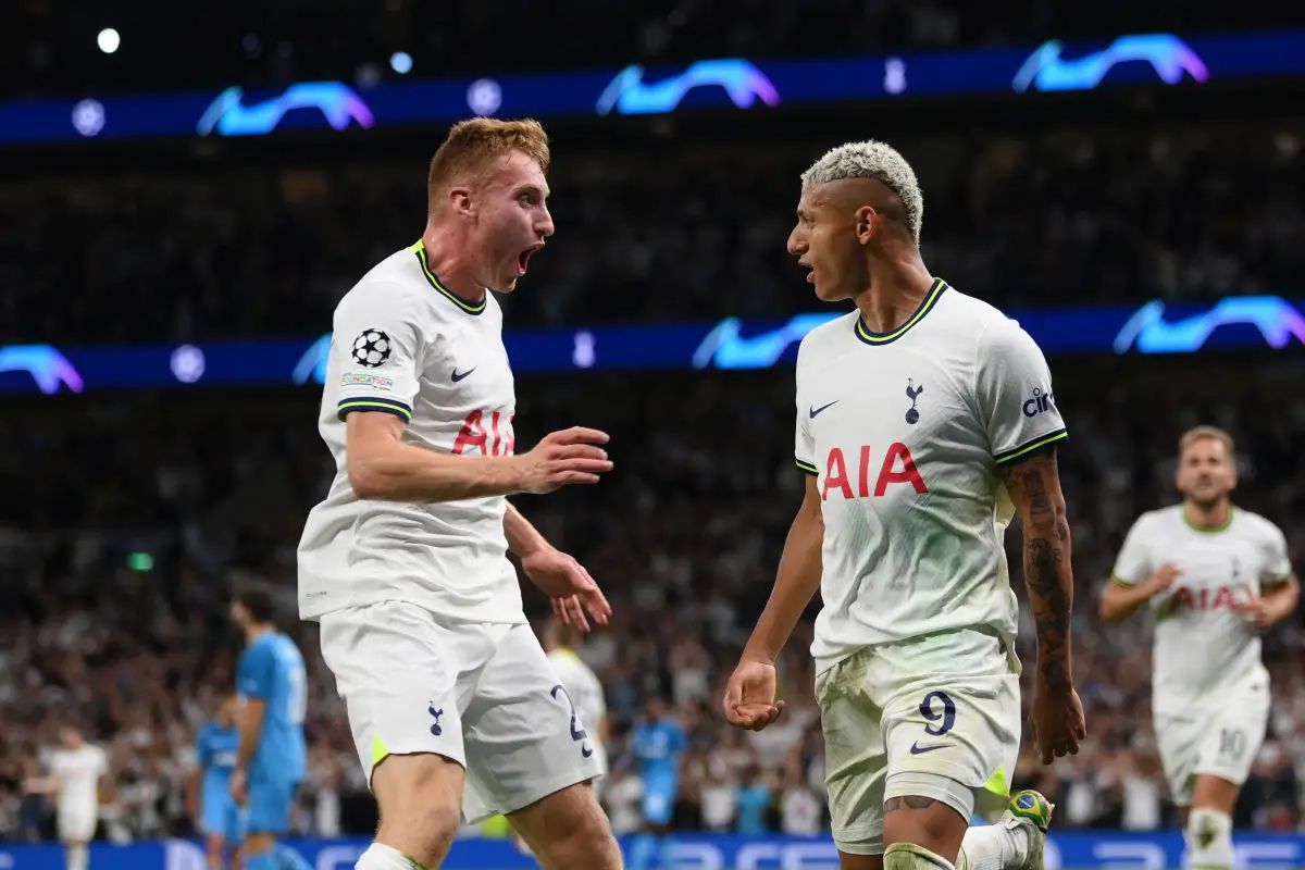 Richarlison of Tottenham Hotspur celebrates with teammate Dejan Kulusevski after scoring against Marseille.