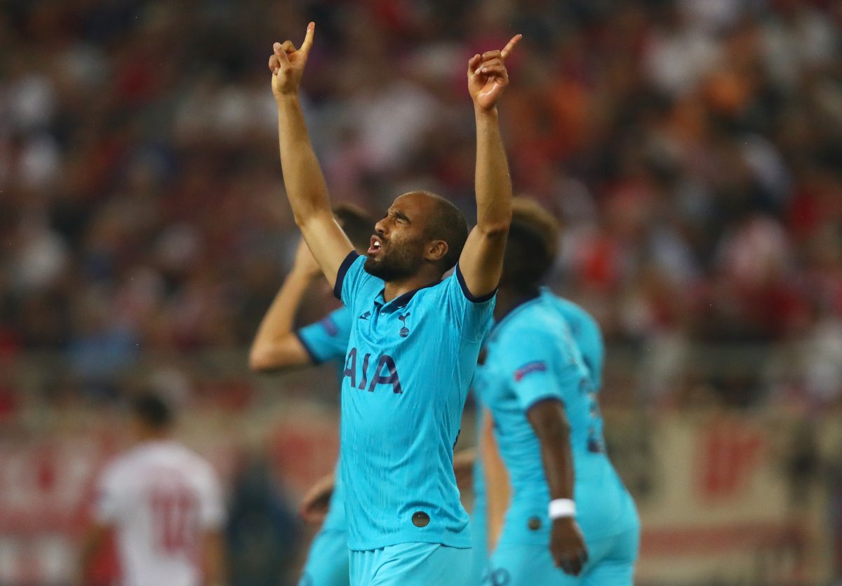 Lucas Moura of Tottenham Hotspur celebrates after scoring against Olympiacos.