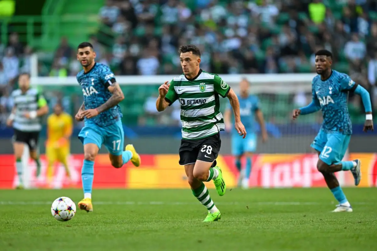 Pedro Gonçalves of Sporting CP in action during the UEFA Champions League group D match between Sporting CP and Tottenham Hotspur at Estadio Jose Alvalade on September 13, 2022 in Lisbon, Portugal. 