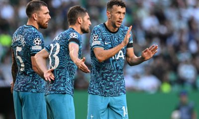 Ivan Perisic, Ben Davies and Pierre-Emile Hojbjerg react as Tottenham Hotspur face Sporting CP at the Estadio Jose Alvalade in the UEFA Champions League. (