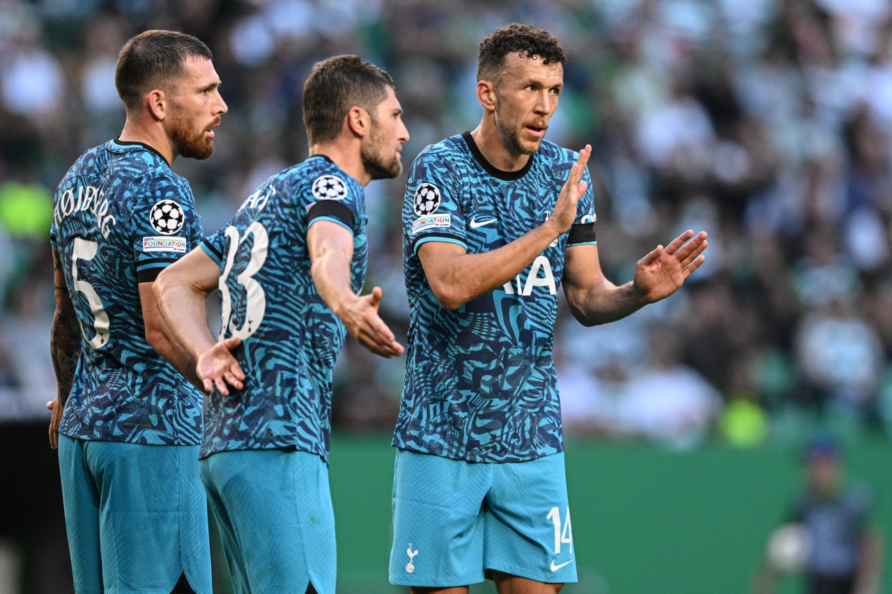 Ivan Perisic, Ben Davies and Pierre-Emile Hojbjerg react as Tottenham Hotspur face Sporting CP at the Estadio Jose Alvalade in the UEFA Champions League. (