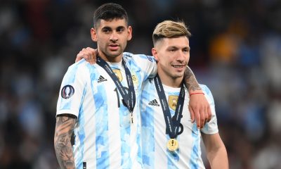 Cristian Romero and Lisandro Martinez of Argentina celebrate after beating Italy.