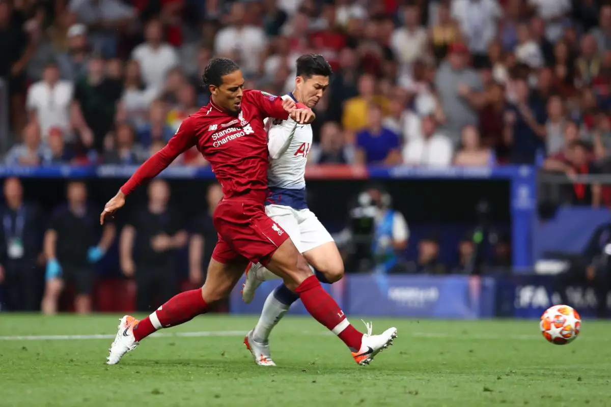 Virgil van Dijk of Liverpool tackles Son Heung-min of Tottenham Hotspur in the 2019UEFA Champions League final.