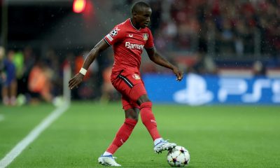 Moussa Diaby of Bayer Leverkusen in action against Atletico Madrid in a UEFA Champions League group stage game.