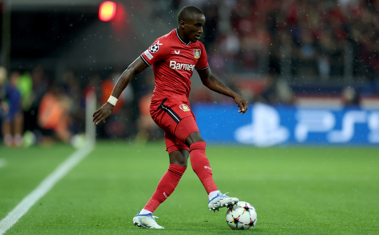 Moussa Diaby of Bayer Leverkusen in action against Atletico Madrid in a UEFA Champions League group stage game.