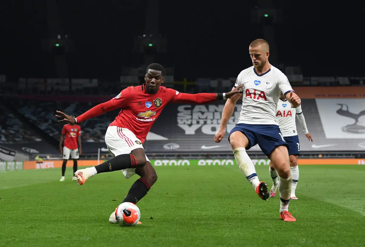 Paul Pogba of Manchester United is challenged by Eric Dier of Tottenham Hotspur. 
