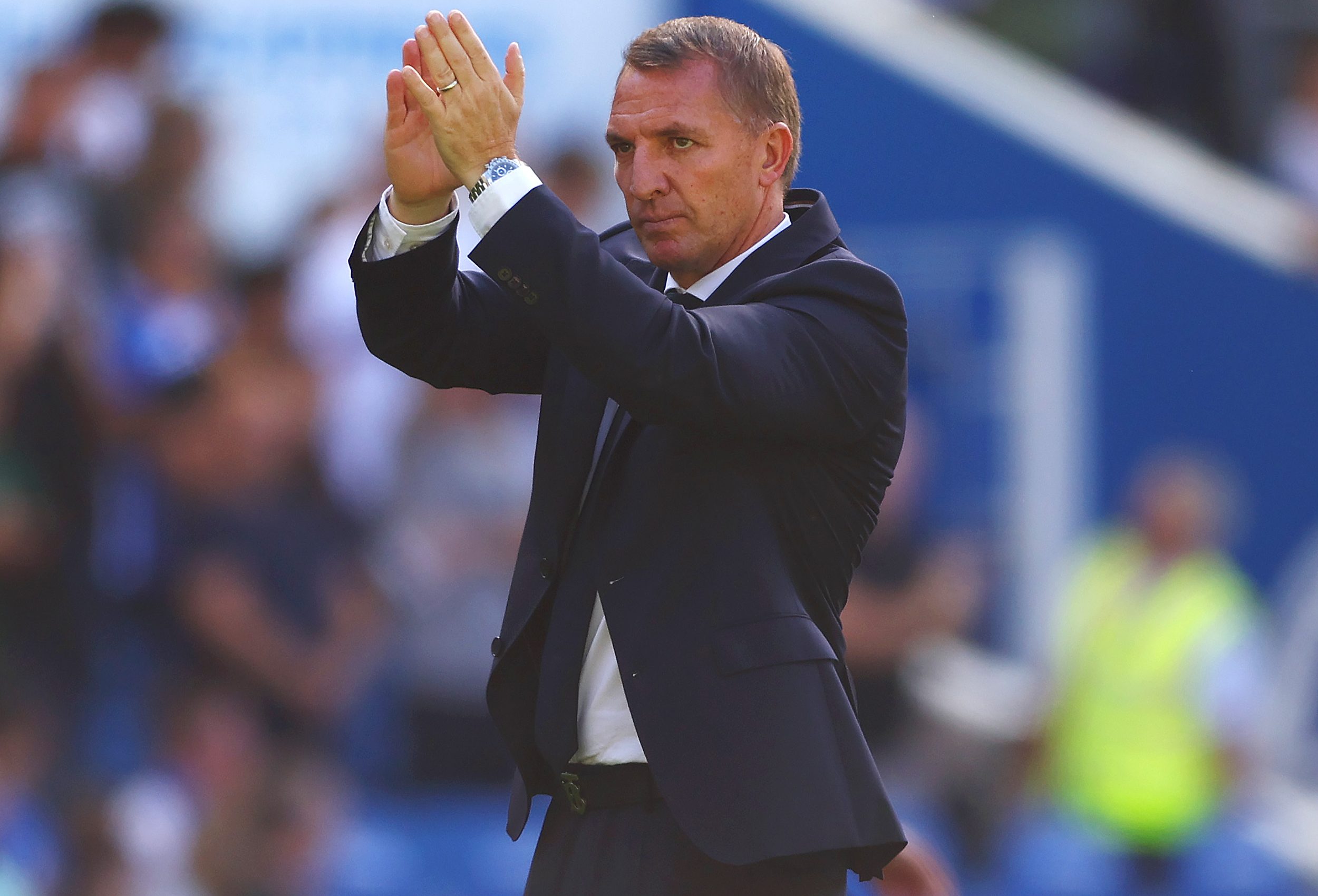 Brendan Rodgers thanks Leicester City fans after the game against Brighton and Hove Albion.