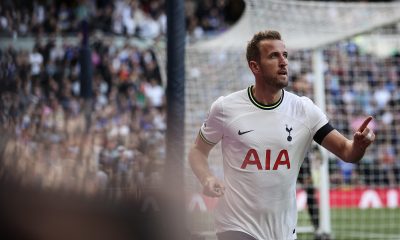 Harry Kane of Tottenham Hotspur wheels away to celebrate after scoring in his team's 6-2 win against Leicester City