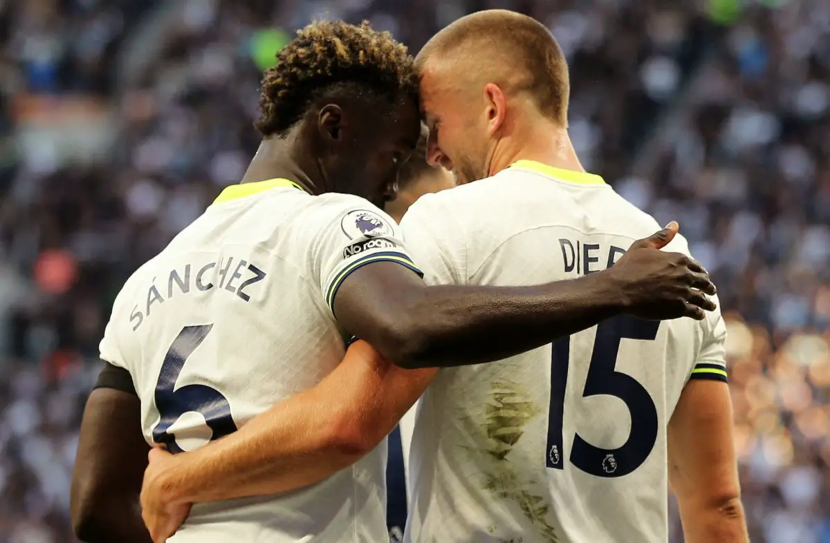 Davinson Sanchez, who conceded a penalty against Leicester City, is a relieved man as he celebrates Eric Dier's goal.