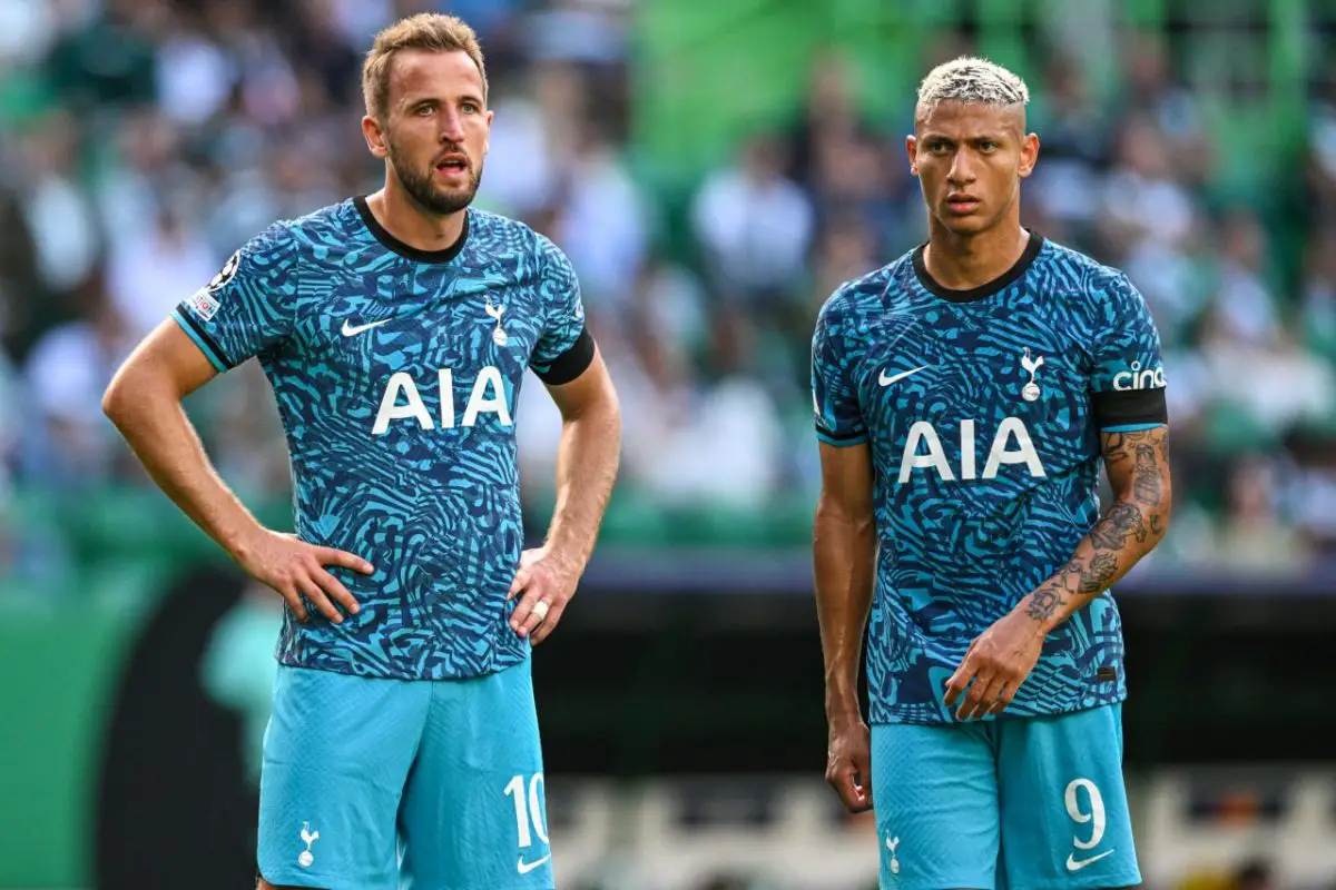 Harry Kane (L) and Richarlison of Tottenham Hotspur reacts during the UEFA Champions League group D match between Sporting CP and Tottenham Hotspur at Estadio Jose Alvalade on September 13, 2022 in Lisbon, Portugal. (Photo by Octavio Passos/Getty Images)