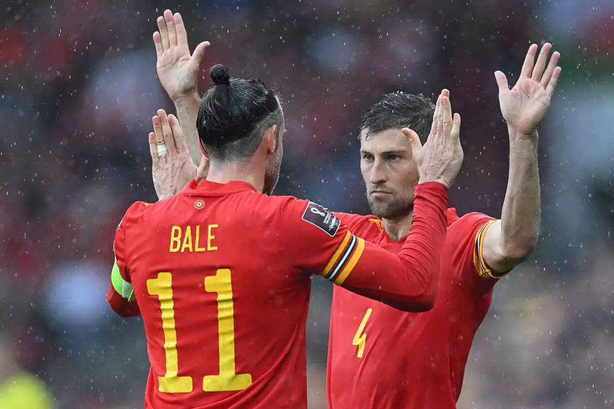 Ben Davies of Wales with teammate Gareth Bale.