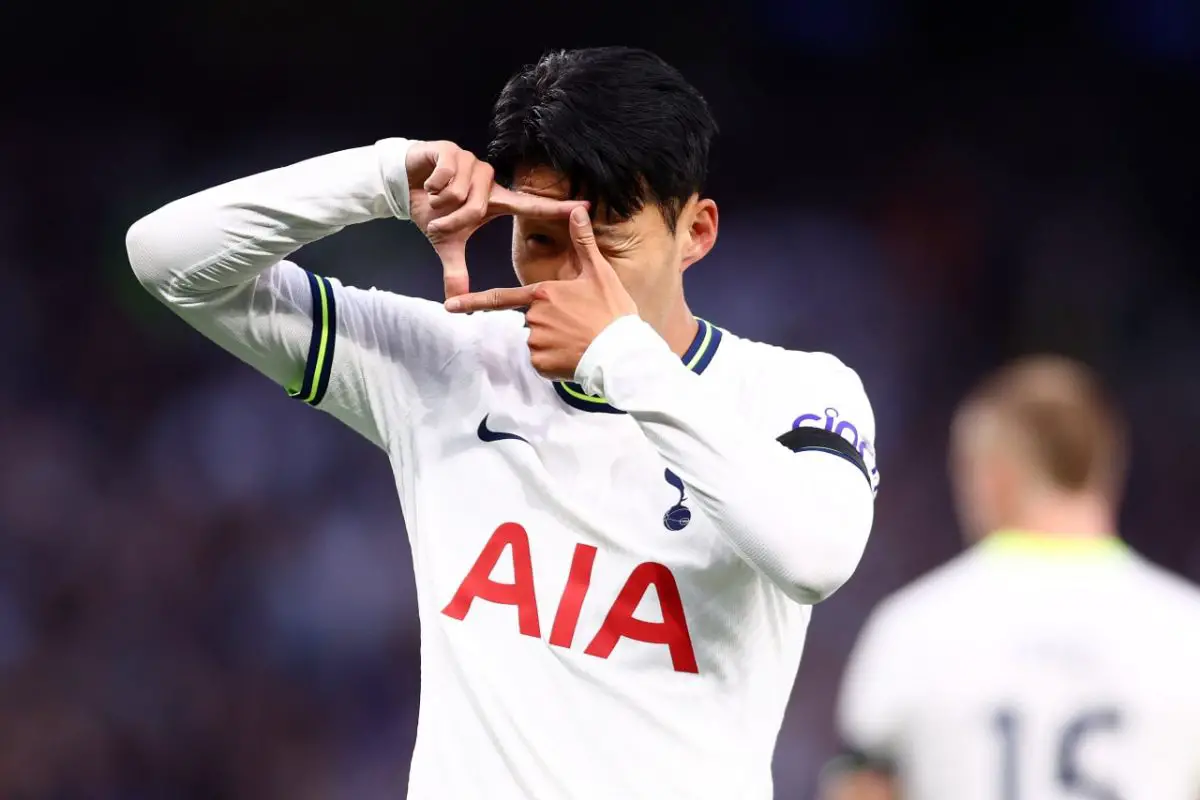 Son Heung-min does his trademark celebration after scoring a goal against Leicester City for Tottenham Hotspur.