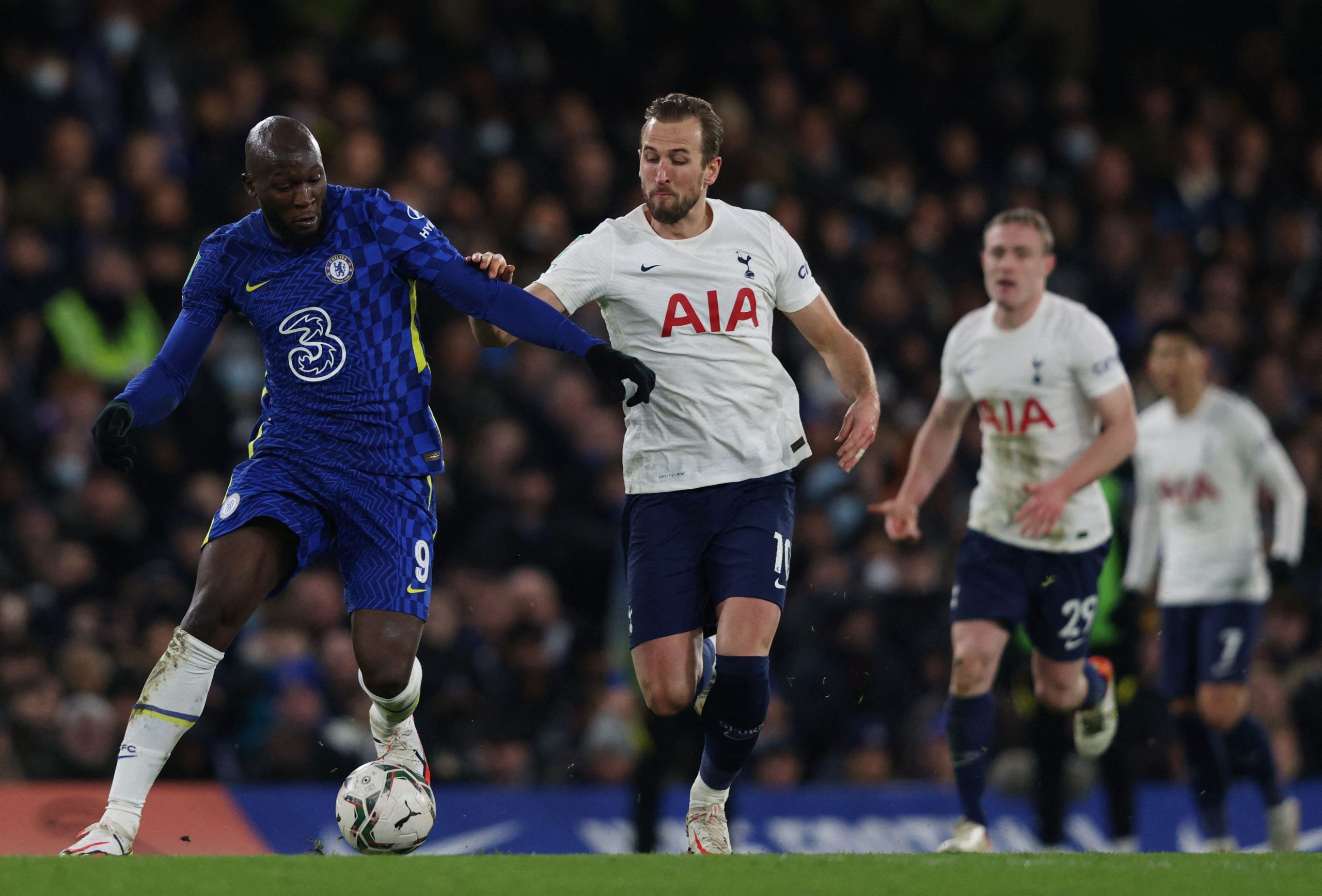 Romelu Lukaku of Chelsea vies for the ball with Tottenham Hotspur's Harry Kane in January 2022.