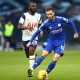 James Maddison of Leicester City on the ball whilst under pressure from Tanguy Ndombele of Tottenham Hotspur.