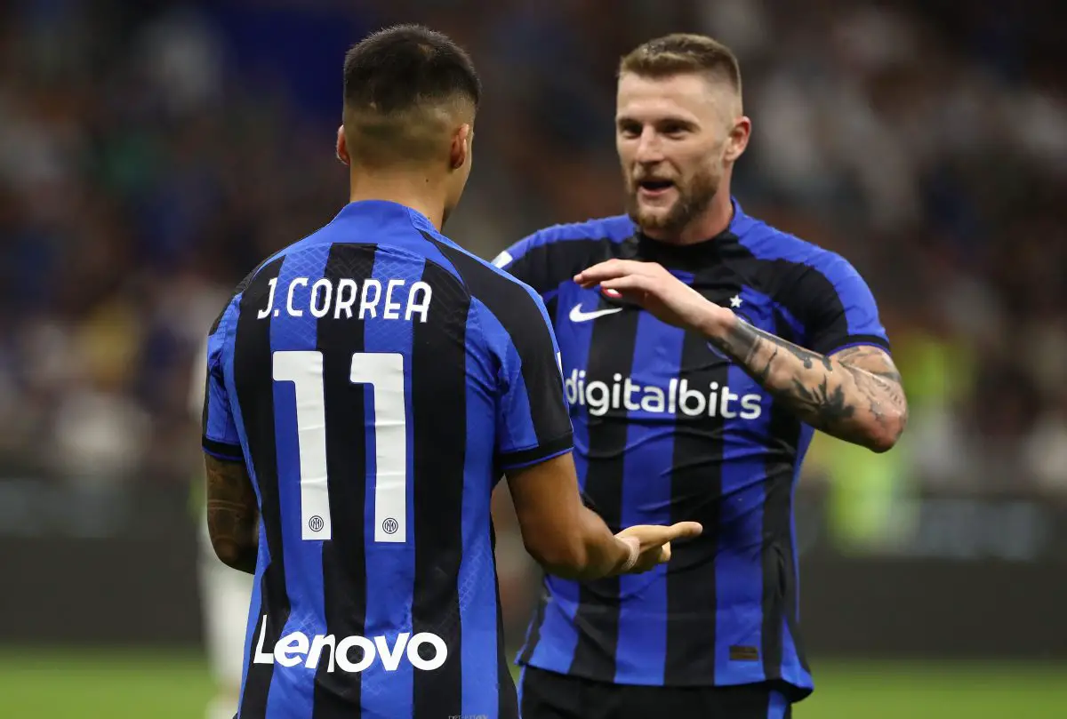 Joaquin Correa of FC Internazionale celebrates with Milan Skriniar after a goal against Spezia.