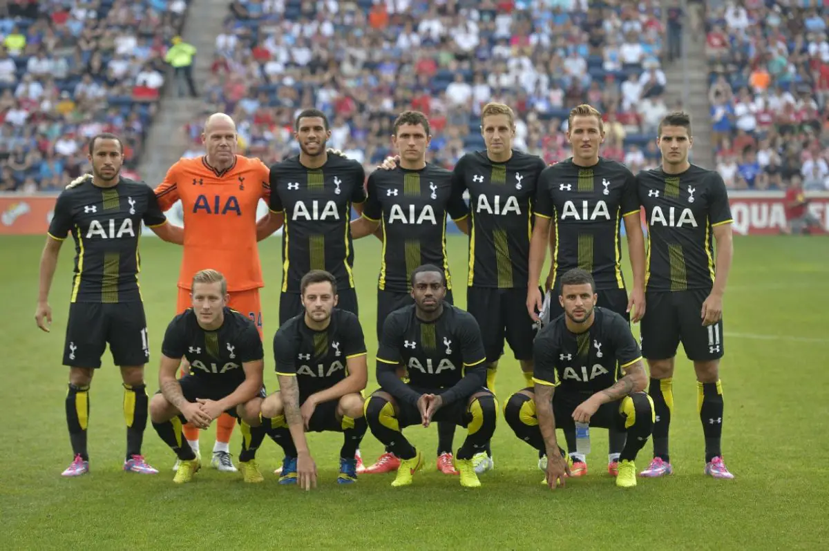 (back row L-R) Andros Townsend #17, Brad Friedel #24, Etienne Capoue #15, Milos Veljkovic #51, Michael Dawson #20, Harry Kane #37, Erik Lamela #11 (front row L-R), Lewis Holtby #14, Ryan Mason #38 Danny Rose #3 and Kyle Walker #2.