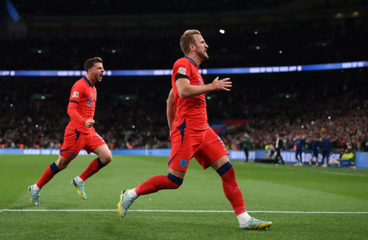 Harry Kane of Tottenham Hotspur celebrates after scoring a penalty against Germany in the UEFA Nations League group game in September 2022.