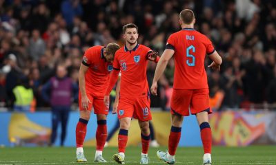 Mason Mount of England celebrates with teammate Eric Dier after scoring against Germany.