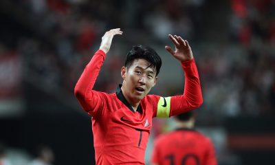 Son Heung-Min of South Korea celebrates after scoring his team's first goal against Cameroon.