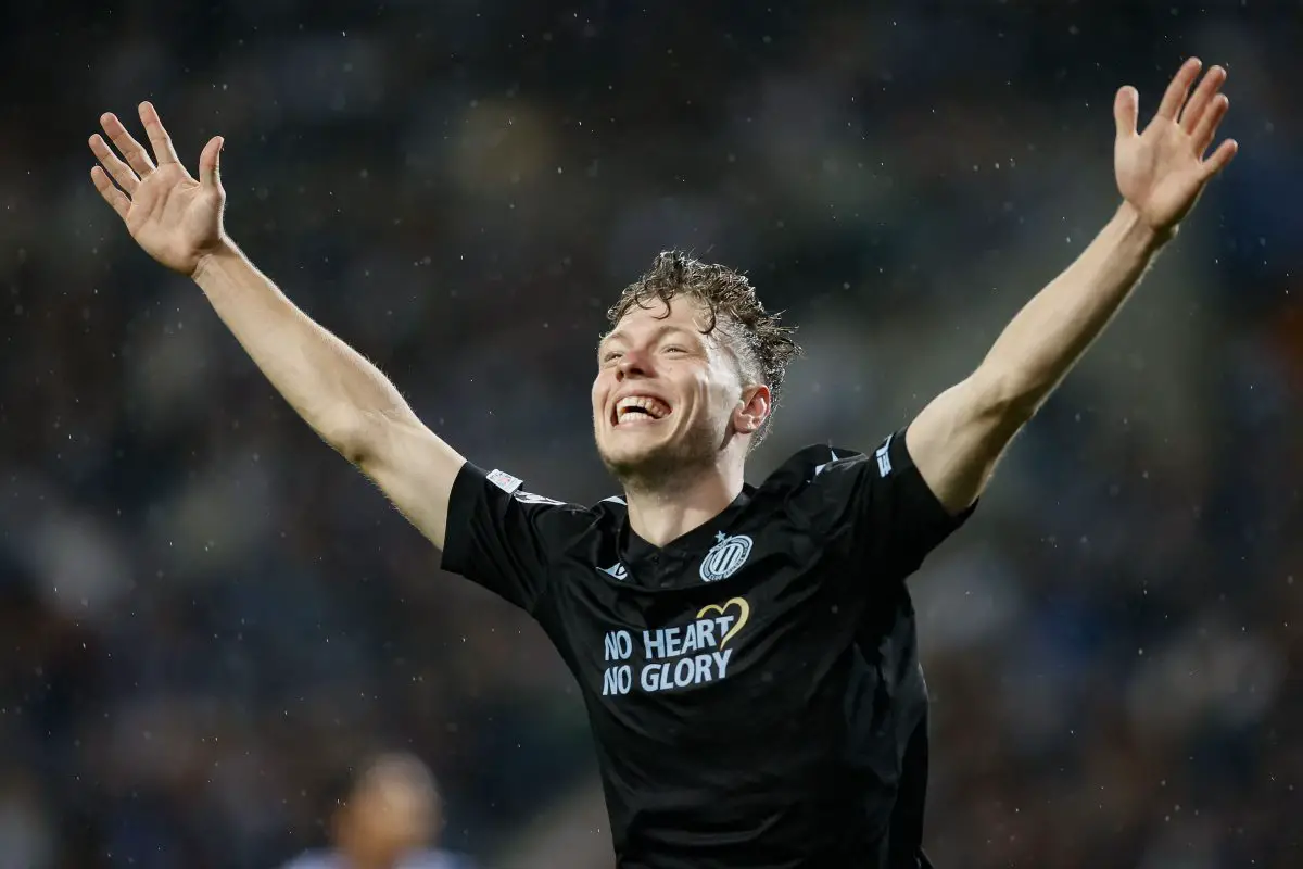Tottenham Hotspur transfer target, Andreas Skov Olsen, celebrates after scoring for Club Brugge against FC Porto in the UEFA Champions League. 